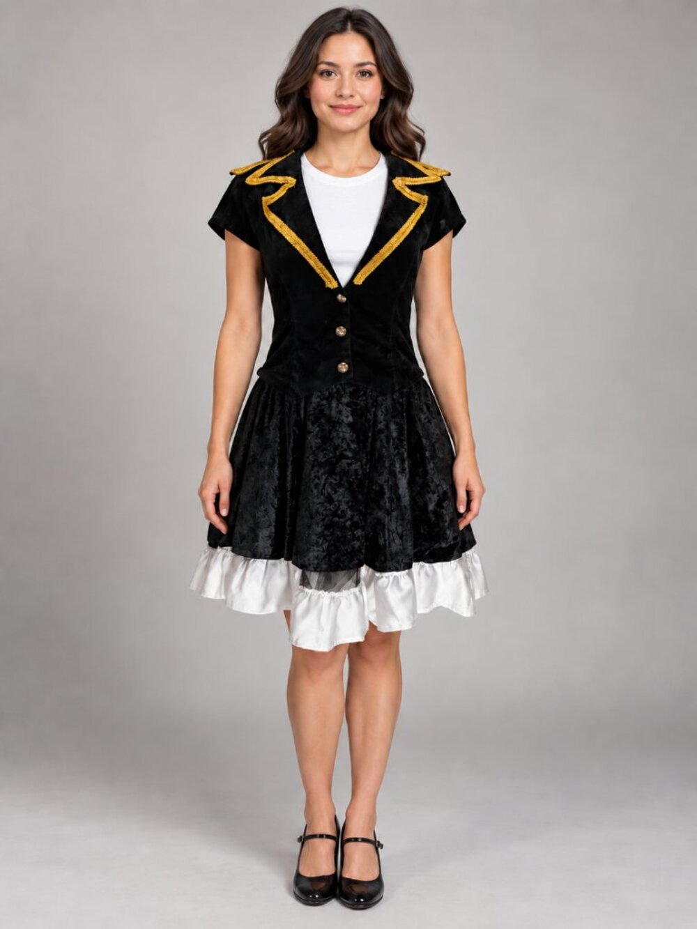 Underwraps Black Gold Trim Costume Dress M White Ruffle Halloween Cosplay